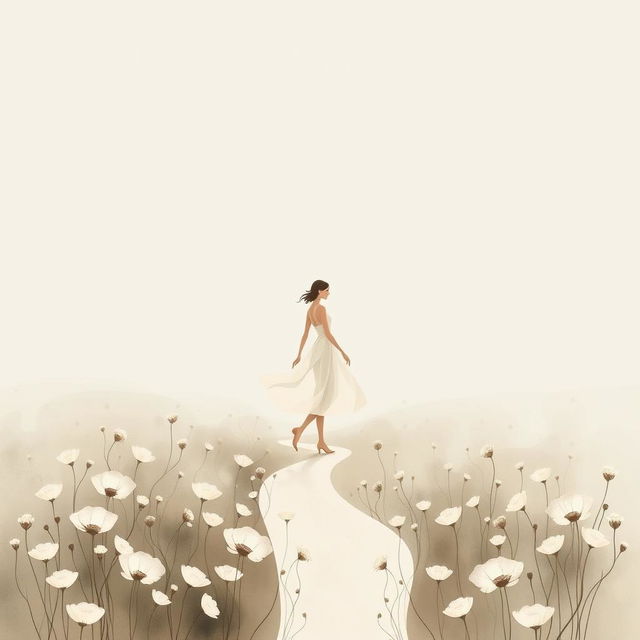 An elegant abstract depiction of a girl walking gracefully along a serene path in a flower field