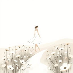 An elegant abstract depiction of a girl walking gracefully along a serene path in a flower field