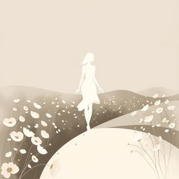 An elegant abstract depiction of a girl walking gracefully along a serene path in a flower field