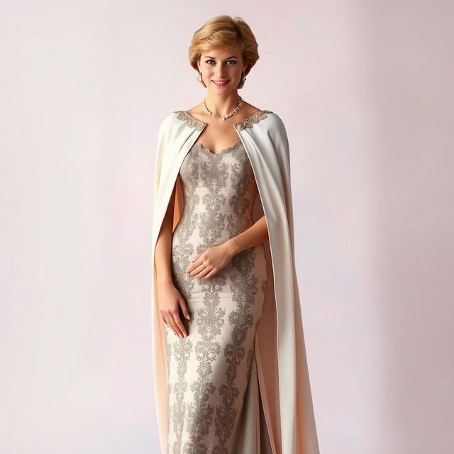 A stunning portrait of Princess Diana standing gracefully, wearing an elegant long dress with a flowing cape