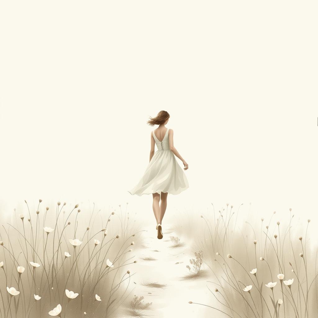 A realistic yet elegant abstract representation of a girl walking gently along a serene path in a flower field