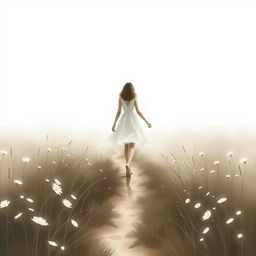 A realistic yet elegant abstract representation of a girl walking gently along a serene path in a flower field