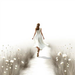A realistic yet elegant abstract representation of a girl walking gently along a serene path in a flower field