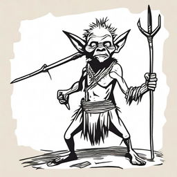 Crudely drawn depiction of a tribal goblin, garbed in rags and animal skins, holding a crude spear