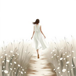 A realistic yet elegant abstract representation of a girl walking gently along a serene path in a flower field