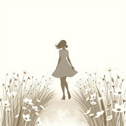 A realistic and elegant abstract image of a girl walking along a tranquil path in a flower field