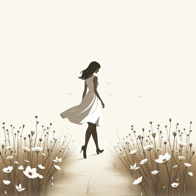 A realistic and elegant abstract image of a girl walking along a tranquil path in a flower field