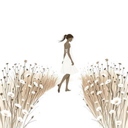 A realistic and elegant abstract image of a girl walking along a tranquil path in a flower field