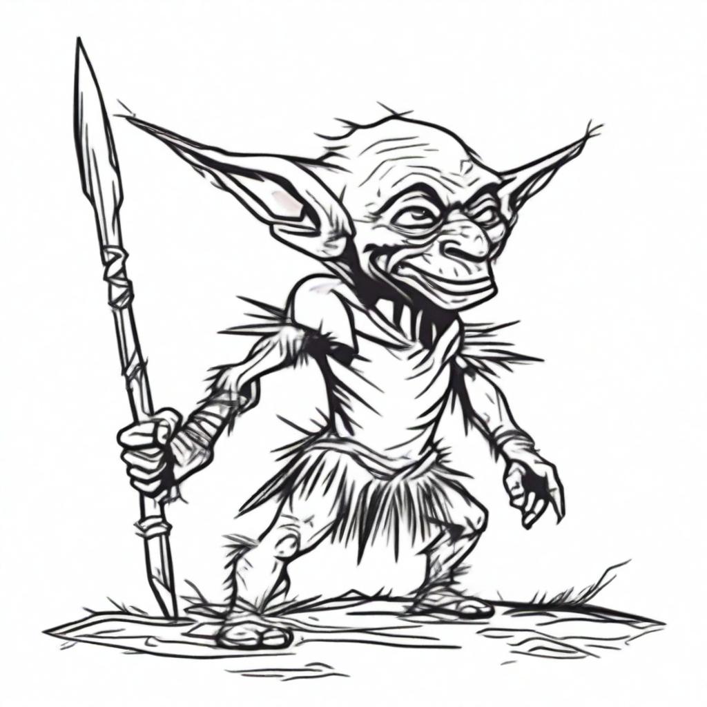 Crudely drawn depiction of a tribal goblin, garbed in rags and animal skins, holding a crude spear