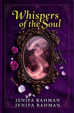 A breathtaking book cover titled 'Whispers of the Soul', featuring a deep, velvety purple background that evokes mystery and magic
