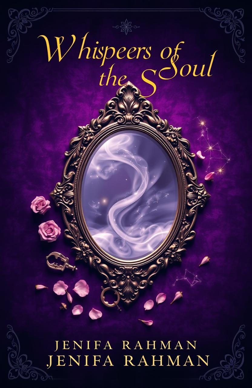 A breathtaking book cover titled 'Whispers of the Soul', featuring a deep, velvety purple background that evokes mystery and magic