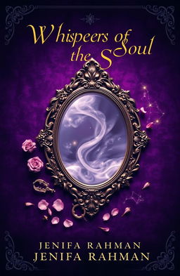 A breathtaking book cover titled 'Whispers of the Soul', featuring a deep, velvety purple background that evokes mystery and magic