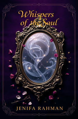 A breathtaking book cover titled 'Whispers of the Soul', featuring a deep, velvety purple background that evokes mystery and magic