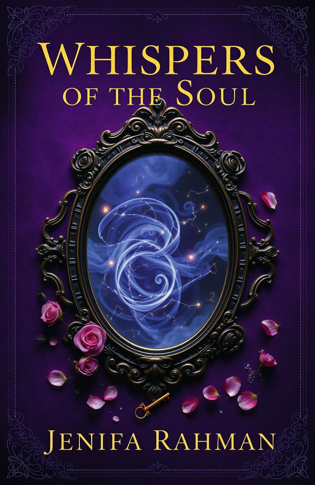 A breathtaking book cover titled 'Whispers of the Soul', featuring a deep, velvety purple background that evokes mystery and magic