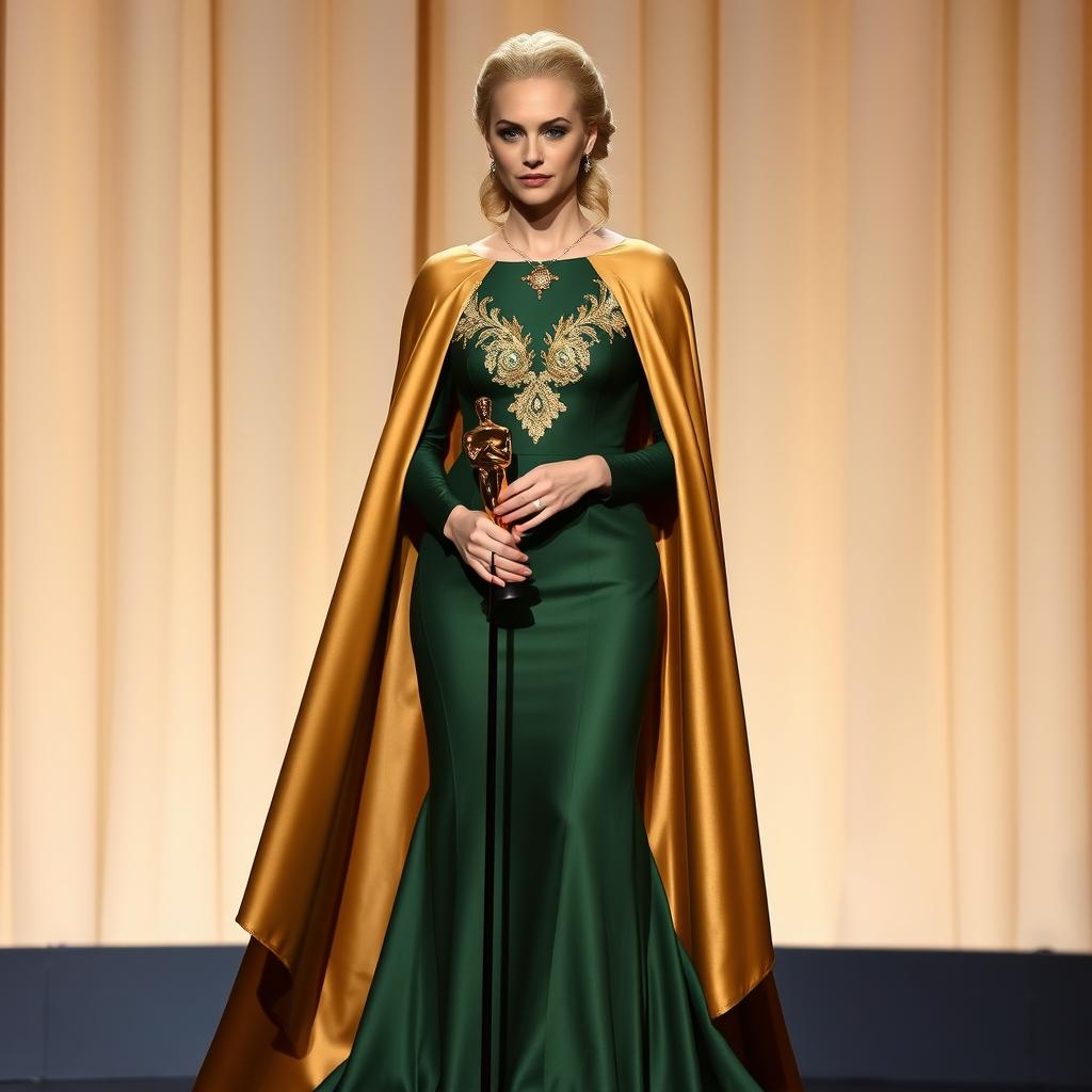 A stunning actress with blonde hair, standing on stage as she accepts her Oscar award