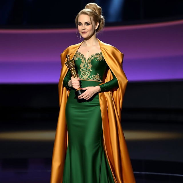 A stunning actress with blonde hair, standing on stage as she accepts her Oscar award