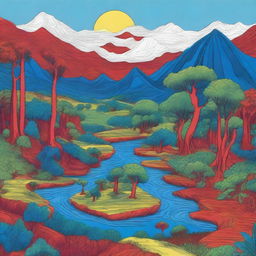 Crudely drawn landscape featuring xanthic jungles, blue meadows and blood-red rivers, offering a surreal and vibrant ecological vista