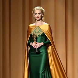 A stunning actress with blonde hair, standing on stage as she accepts her Oscar award