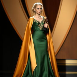 A stunning actress with blonde hair, standing on stage as she accepts her Oscar award