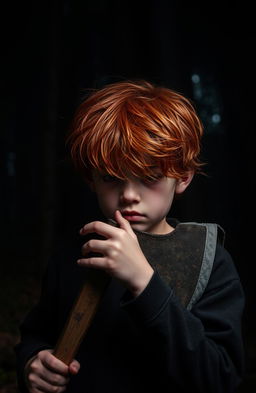 A scene featuring a 13-year-old boy with red hair, holding a withered axe