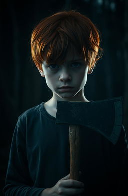 A scene featuring a 13-year-old boy with red hair, holding a withered axe