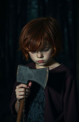 A scene featuring a 13-year-old boy with red hair, holding a withered axe