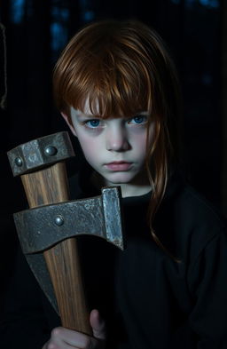 A scene featuring a 13-year-old boy with red hair, holding a withered axe