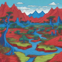 Crudely drawn landscape featuring xanthic jungles, blue meadows and blood-red rivers, offering a surreal and vibrant ecological vista