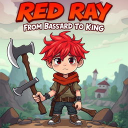 A cartoonish illustration of a 15-year-old boy with vibrant red hair, holding a withered axe, embodying the theme of transformation