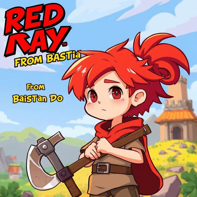 A cartoonish illustration of a 15-year-old boy with vibrant red hair, holding a withered axe, embodying the theme of transformation