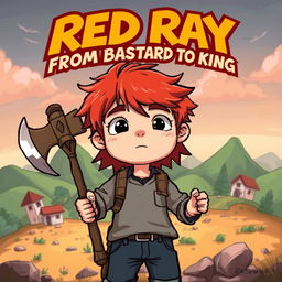 A cartoonish illustration of a 15-year-old boy with vibrant red hair, holding a withered axe, embodying the theme of transformation