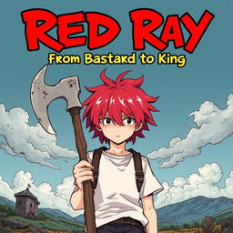A manga-style illustration of a 15-year-old boy with striking red hair, holding a withered axe