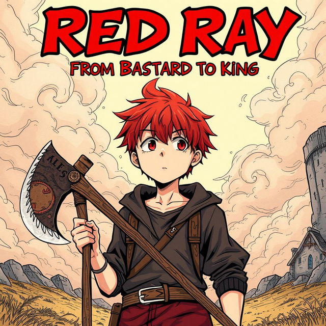 A manga-style illustration of a 15-year-old boy with striking red hair, holding a withered axe