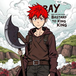 A manga-style illustration of a 15-year-old boy with striking red hair, holding a withered axe
