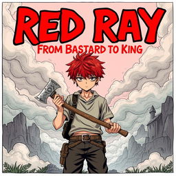 A manga-style illustration of a 15-year-old boy with striking red hair, holding a withered axe