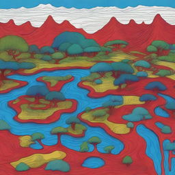 Crudely drawn landscape featuring xanthic jungles, blue meadows and blood-red rivers, offering a surreal and vibrant ecological vista