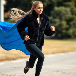 A beautiful woman running gracefully, her long blonde hair is braided and flowing behind her in the wind