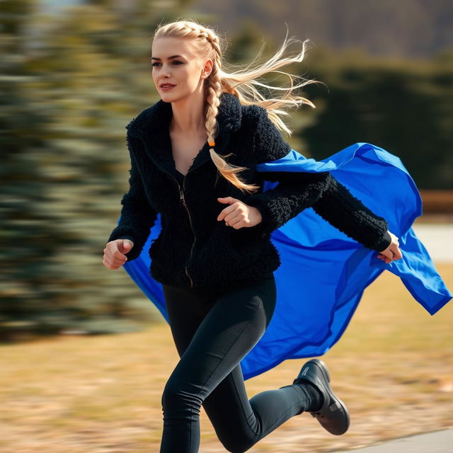 A beautiful woman running gracefully, her long blonde hair is braided and flowing behind her in the wind