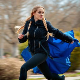 A beautiful woman running gracefully, her long blonde hair is braided and flowing behind her in the wind