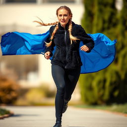 A beautiful woman running gracefully, her long blonde hair is braided and flowing behind her in the wind