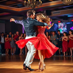 A dynamic scene featuring two skilled salsa dancers in mid-performance, showcasing their vibrant costumes