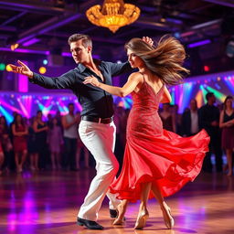 A dynamic scene featuring two skilled salsa dancers in mid-performance, showcasing their vibrant costumes