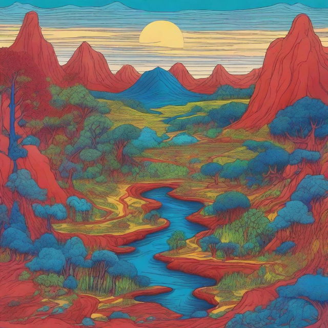 Crudely drawn landscape featuring xanthic jungles, blue meadows and blood-red rivers, offering a surreal and vibrant ecological vista