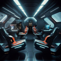 interior of rear cabin of futuristic jet fighter with interceptor devices, having two seats