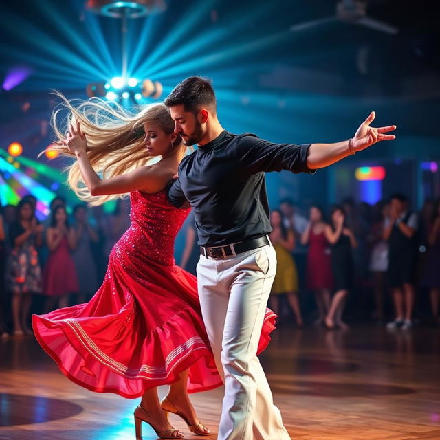 A dynamic scene featuring two skilled salsa dancers in mid-performance, showcasing their vibrant costumes