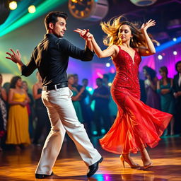 A dynamic scene featuring two skilled salsa dancers in mid-performance, showcasing their vibrant costumes