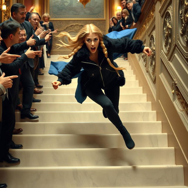 A pretty woman falling down the stairs, her expression terrified