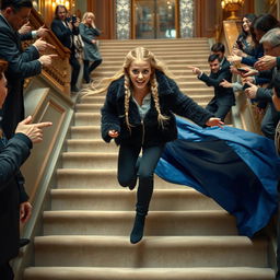 A pretty woman falling down the stairs, her expression terrified