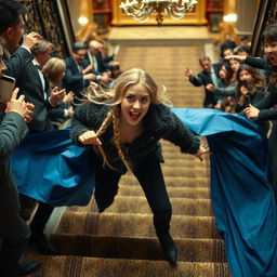 A pretty woman falling down the stairs, her expression terrified