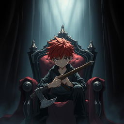 A manga-style illustration of a 15-year-old boy with vibrant red hair, sitting on a throne in a dark, shadowy room